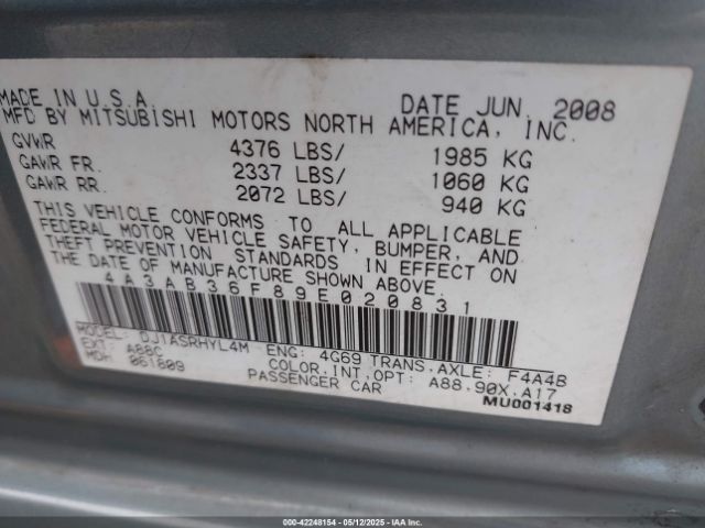 2009 MITSUBISHI GALANT 4A3AB36F89E020831 Photo 8