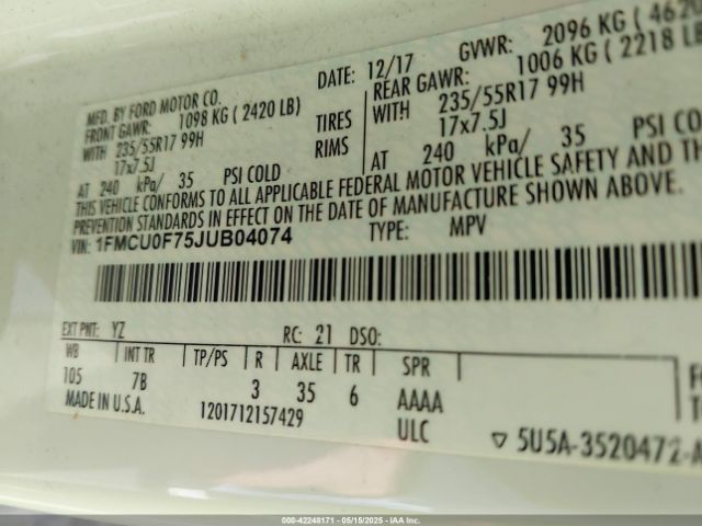1FMCU0F75JUB04074 Ford ESCAPE S