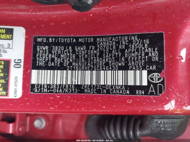 2T1BURHE7GC646430 Toyota COROLLA LE