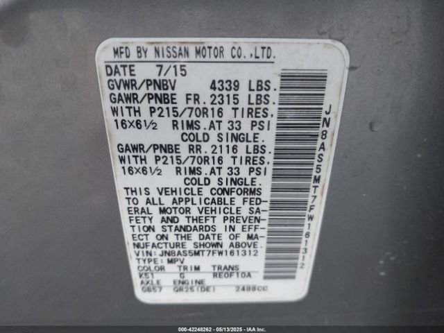 JN8AS5MT7FW161312 Nissan Rogue Select S