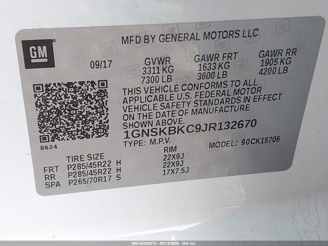 1GNSKBKC9JR132670 Chevrolet Tahoe Lt