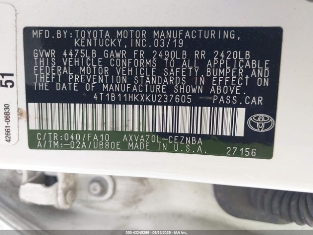 4T1B11HKXKU237605 Toyota CAMRY LE