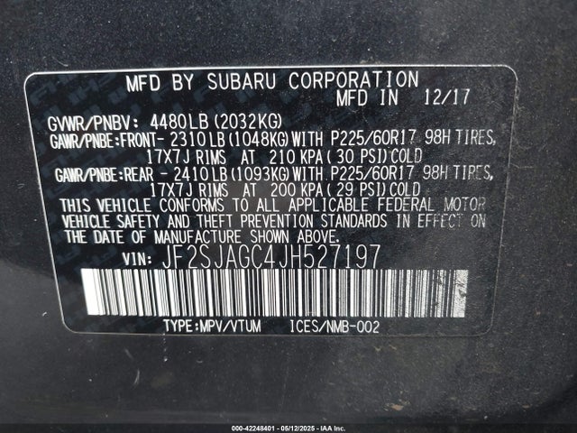 Subaru naturally aspirated u5 2018 JF2SJAGC4JH527197 Image 9