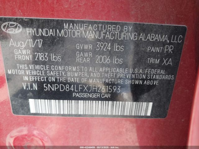 5NPD84LFXJH261593 Hyundai mpi nu