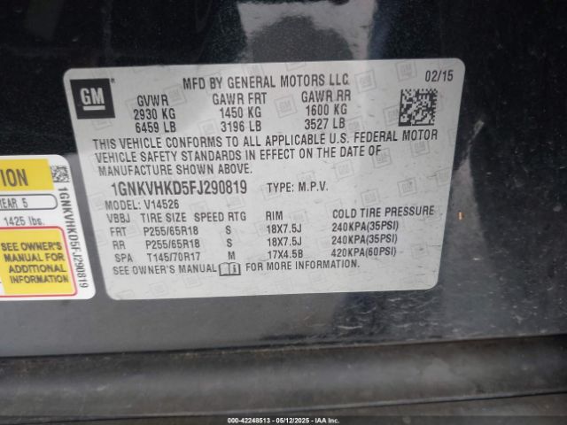 1GNKVHKD5FJ290819 Chevrolet Traverse 2lt