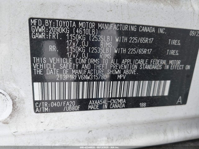 2T3P1RFV6NW315780 Toyota Rav4 Xle