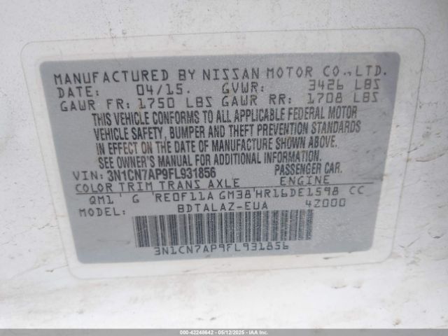 3N1CN7AP9FL931856 Nissan Versa 1.6 S+