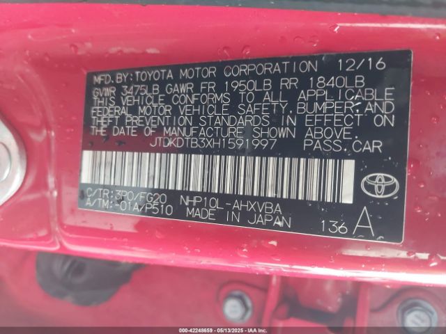 JTDKDTB3XH1591997 Toyota Prius C Two