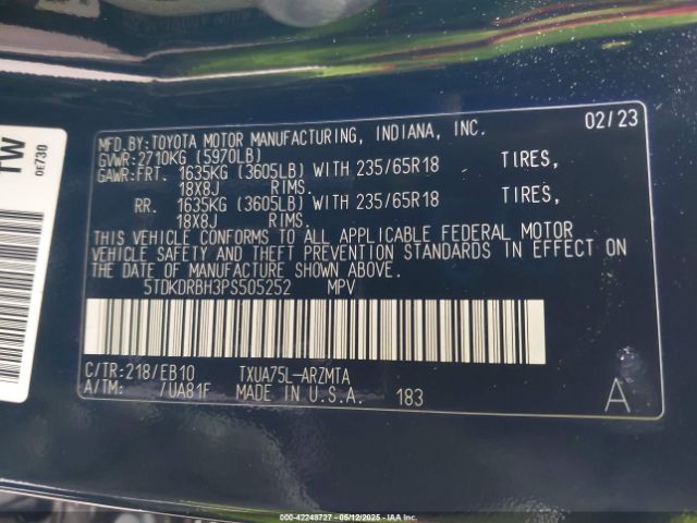 5TDKDRBH3PS505252 Toyota Highlander Xle