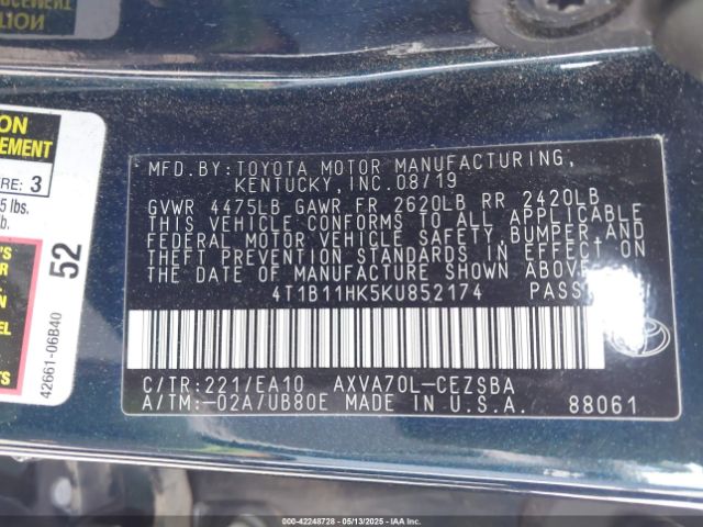 2019 TOYOTA CAMRY 4T1B11HK5KU852174 Photo 8
