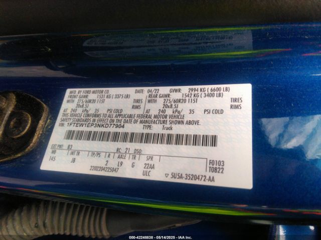 1FTEW1EP3NKD77904 Ford F-150 Xl