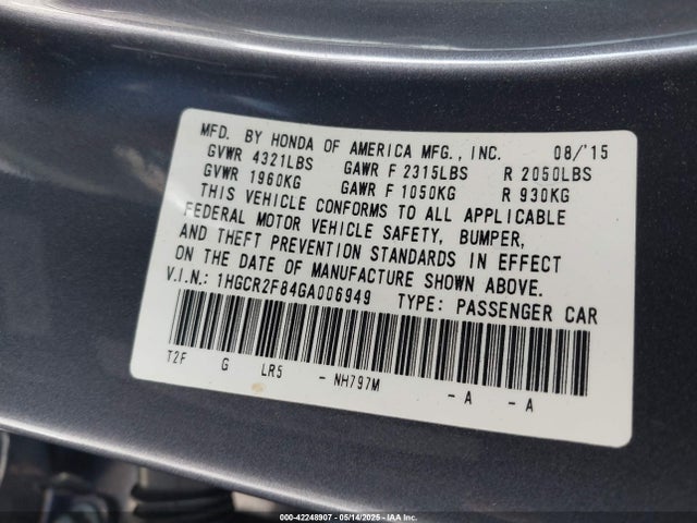 Honda Accord Ex-l 2016 1HGCR2F84GA006949 Image 9
