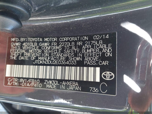 JTDKN3DU2E0364033 Toyota Prius Two