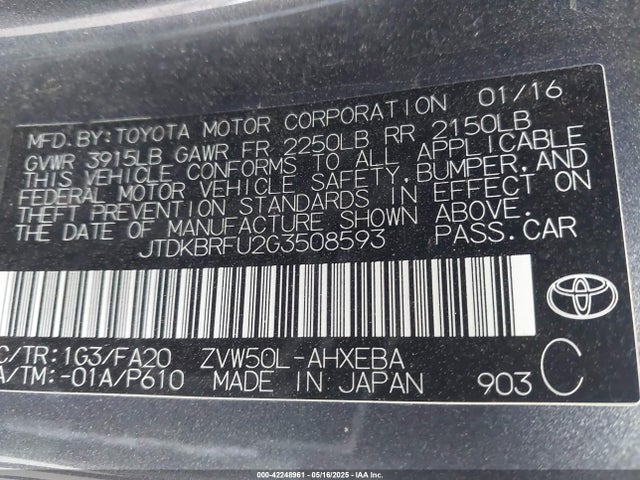 JTDKBRFU2G3508593 Toyota Prius Two