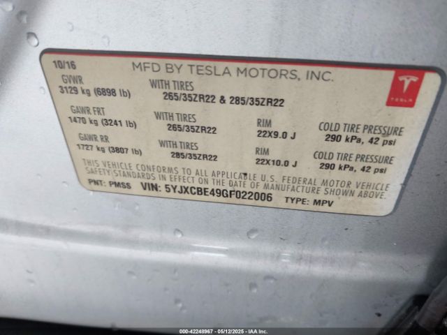 2016 TESLA MODEL X 5YJXCBE49GF022006 Photo 8