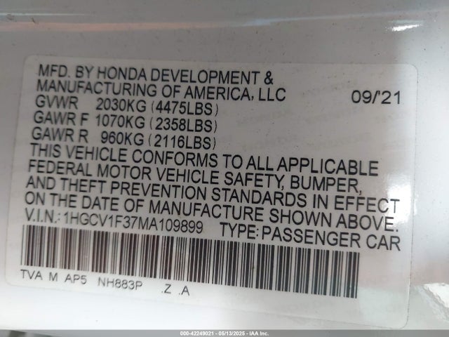 1HGCV1F37MA109899 Honda l15be