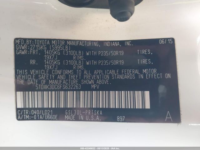 5TDXK3DC6FS632263 Toyota Sienna Se 8 Passenger