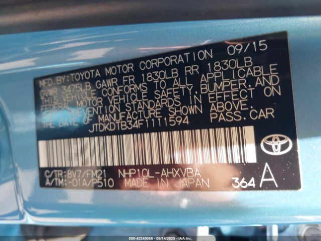 JTDKDTB34F1111594 Toyota Prius C Two