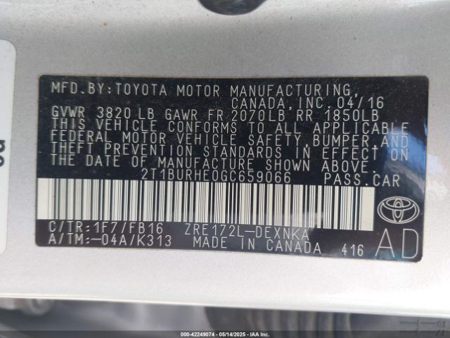 2T1BURHE0GC659066 Toyota COROLLA LE