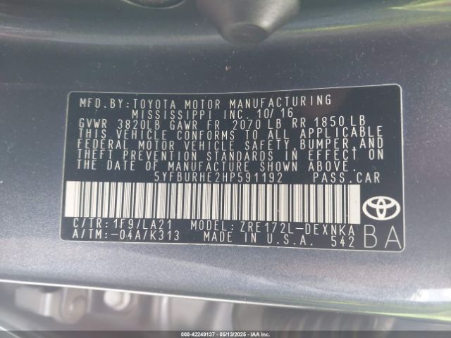 5YFBURHE2HP591192 Toyota Corolla Xle