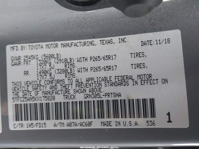 5TFCZ5AN5KX175820 Toyota 2gr-fks