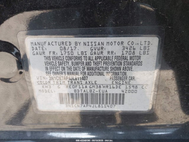 3N1CN7AP4JL811407 Nissan 2018