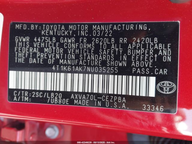 4T1K61AK7NU035255 Toyota CAMRY XSE