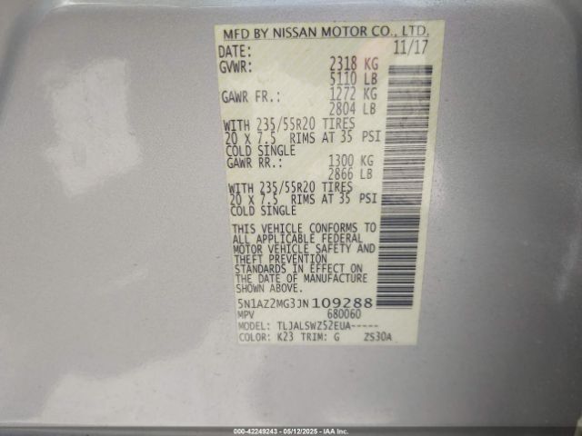 5N1AZ2MG3JN109288 Nissan Murano Platinum