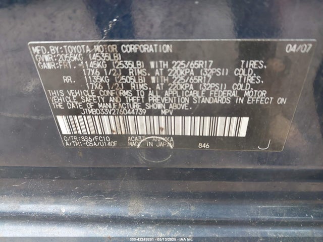42249291 :رقم المزاد ، JTMBD33V276044739 vin ، 2007 Toyota Rav4 مزاد بيع