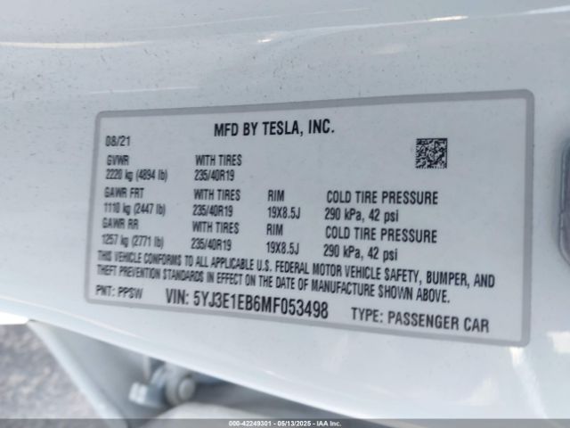 2021 TESLA MODEL 3 5YJ3E1EB6MF053498 Photo 8