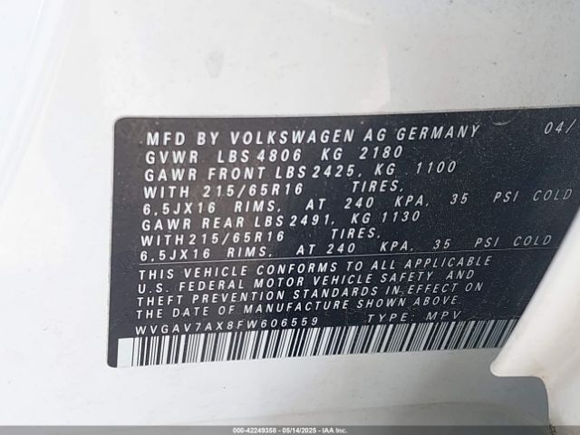 WVGAV7AX8FW606559 Volkswagen TIGUAN S
