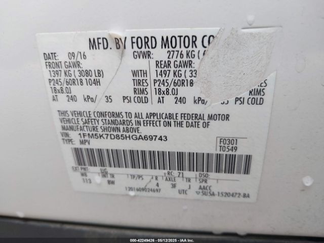 1FM5K7D85HGA69743 Ford EXPLORER XLT