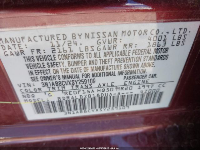 3N1AB8CVXSY259109 Nissan SENTRA SV
