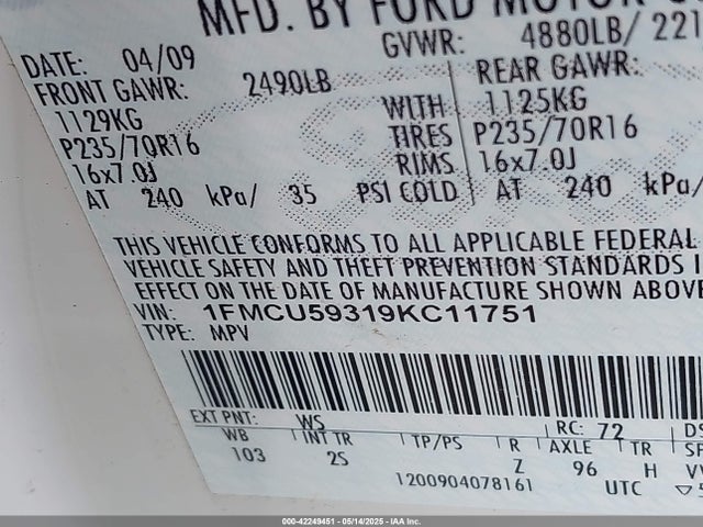 Aukcja sprzedaży 2009 Ford Escape Hybrid, vin: 1FMCU59319KC11751, numer aukcji: 42249451