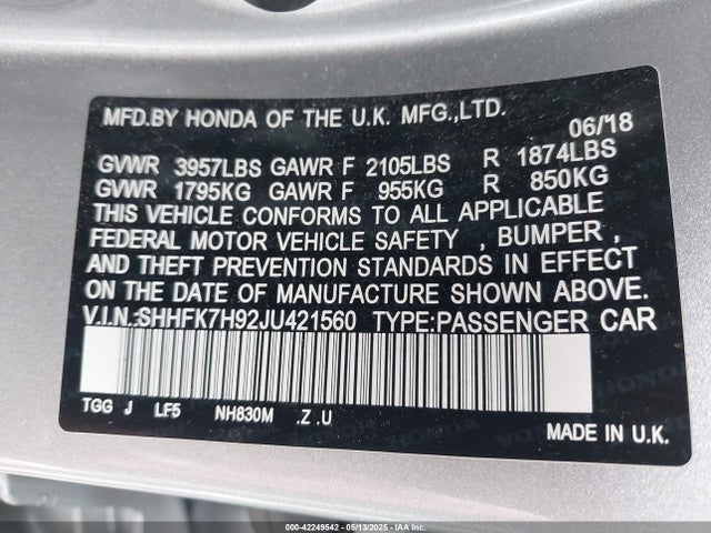 SHHFK7H92JU421560 Honda l15ba