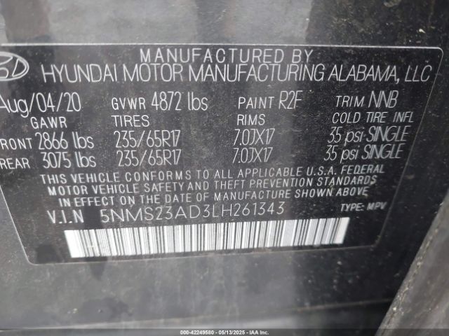 5NMS23AD3LH261343 Hyundai Santa Fe Se