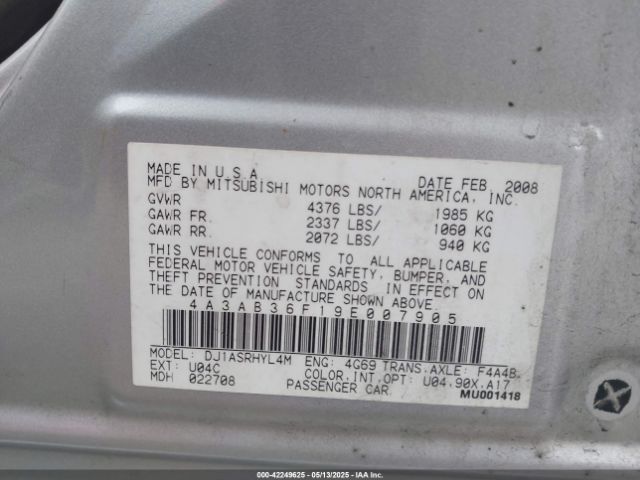 2009 MITSUBISHI GALANT 4A3AB36F19E007905 Photo 8