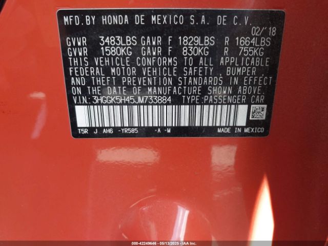 3HGGK5H45JM733884 Honda FIT LX