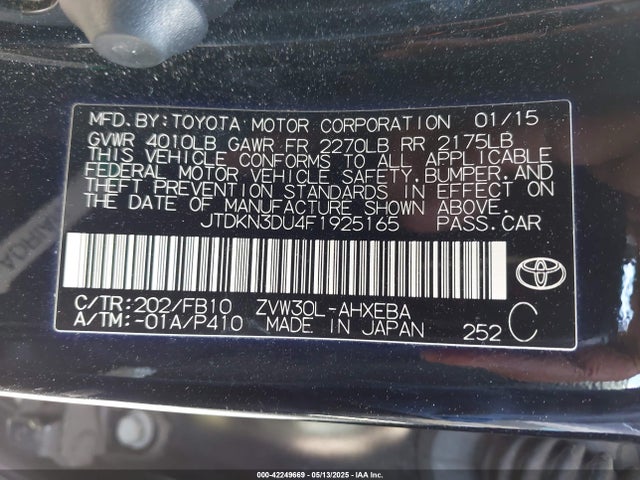 JTDKN3DU4F1925165 Toyota 2zr-fxe+3jm