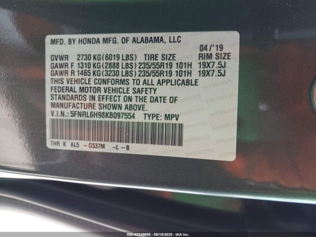 5FNRL6H98KB097554 Honda Odyssey Elite