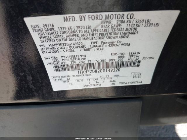 1FAHP2D82GG149320 Ford TAURUS SE