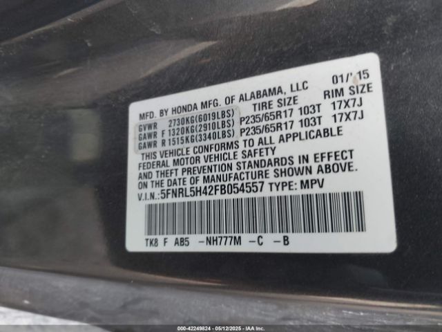 5FNRL5H42FB054557 Honda ODYSSEY EX