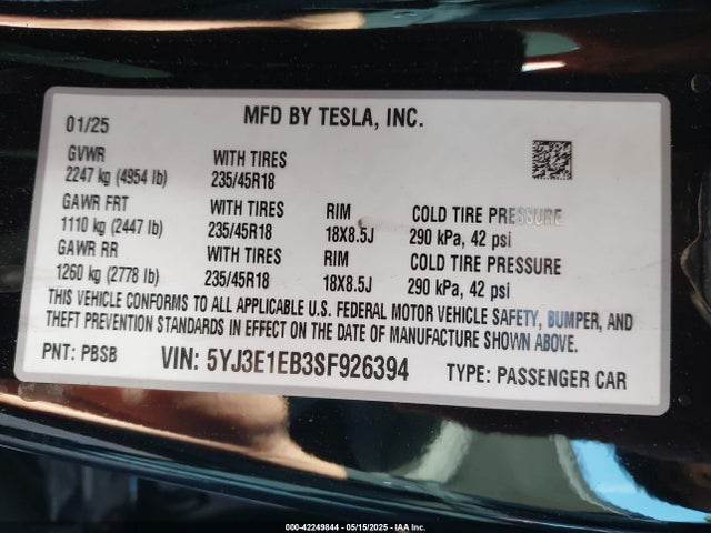 2025 TESLA MODEL 3 5YJ3E1EB3SF926394 Photo 8
