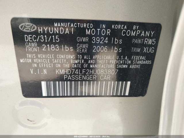 KMHD74LF2HU083807 Hyundai ELANTRA SE