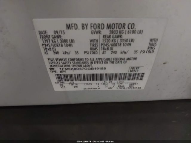 1FM5K8D87GGB19188 Ford EXPLORER XLT