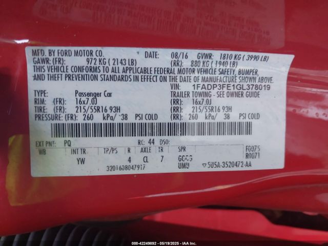 1FADP3FE1GL378019 Ford FOCUS SE