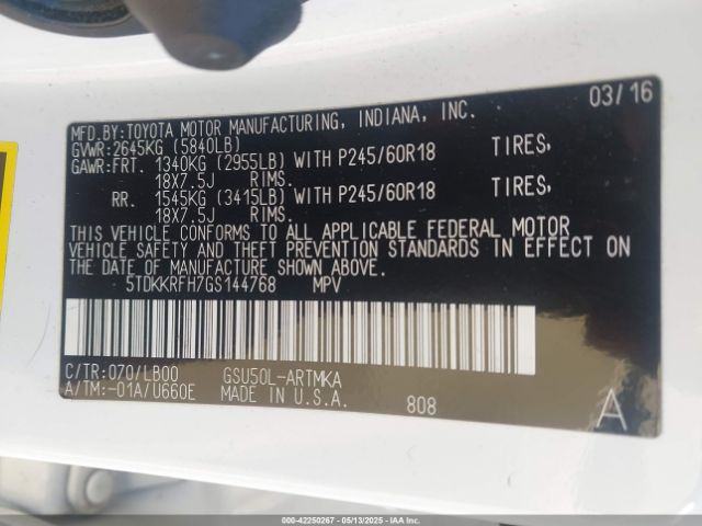 5TDKKRFH7GS144768 Toyota Highlander Xle V6