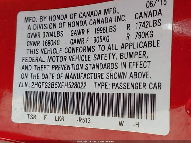 2HGFG3B5XFH528022 Honda r18z1