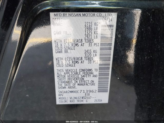 5N1AR2MMXEC713962 Nissan Pathfinder Sv