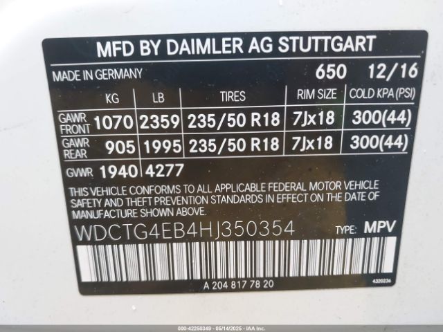 WDCTG4EB4HJ350354 Mercedes-Benz GLA 250